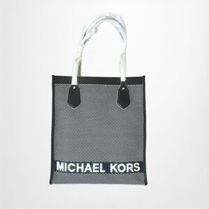 NWT Michael Kors BAY Shopping Tote Bag Black White Woven Canvas Leather